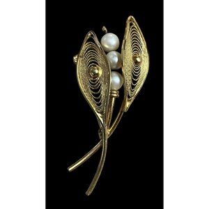 Vintage 12K GF C.R. Co Pearl Floral Brooch Pin 2.5" Long
